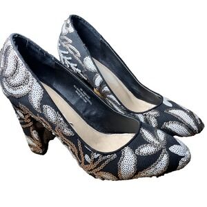 C EST 1946‎ Black Gold Creaam Textured Sequin Block Heel Pumps Size 9M Evening